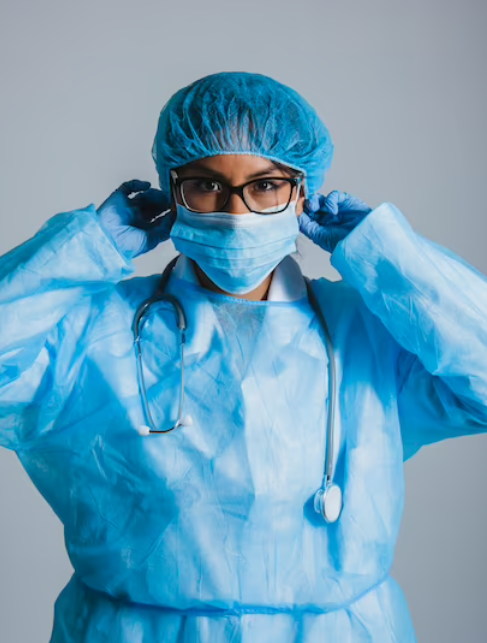 Doctor is wearing isolation gown