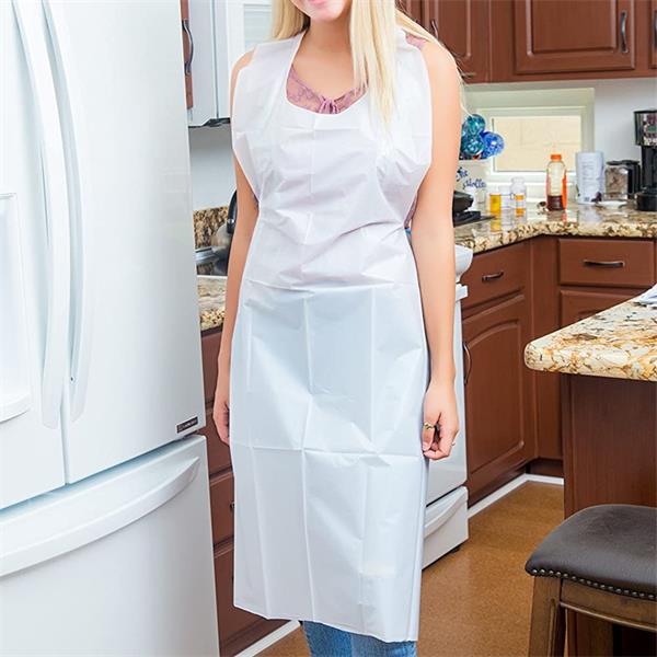 lady wearing disposable pe apron in kitchen