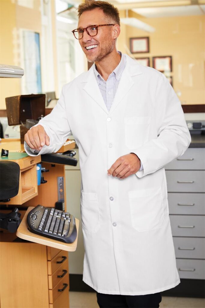 Laboratory, wearing white lab coat