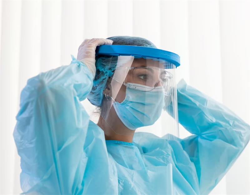 Doctor wearing disposable isolation gown