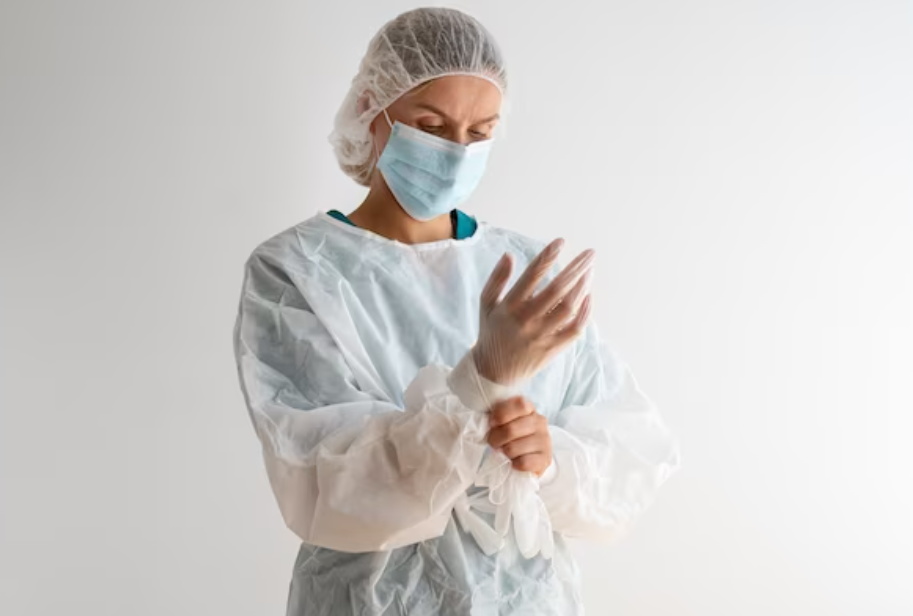 Doctor is wearing isolation gown