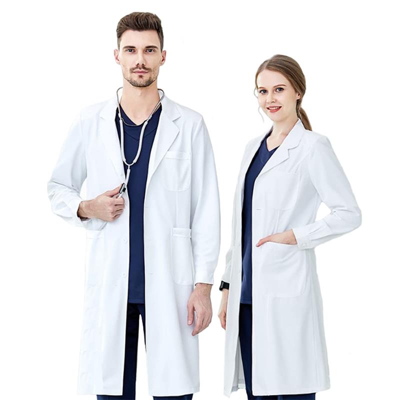 Man and woman wearing white lab coats