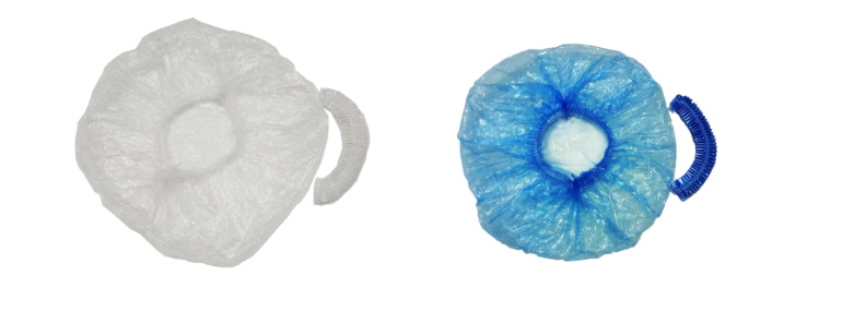 Disposable blue and white shower cap